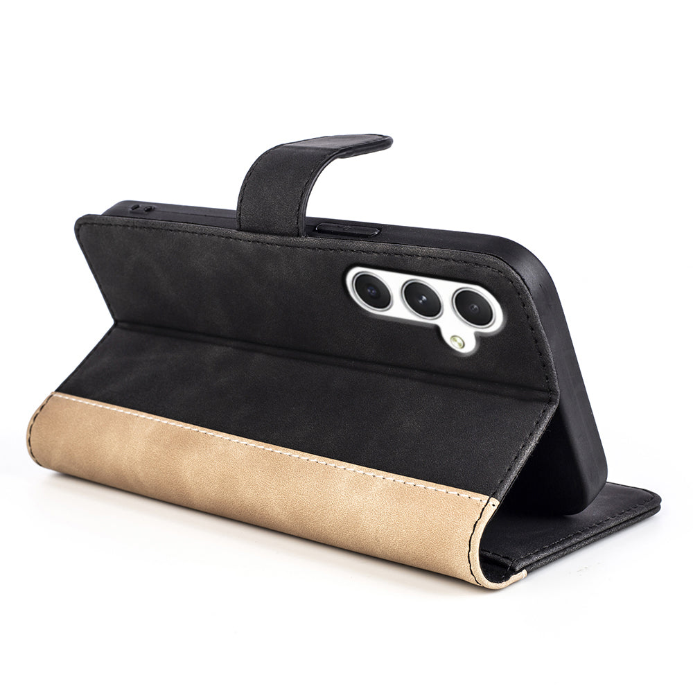 For Samsung Galaxy S24 Case Wallet Color Splicing PU Leather Folio Phone Cover - Black