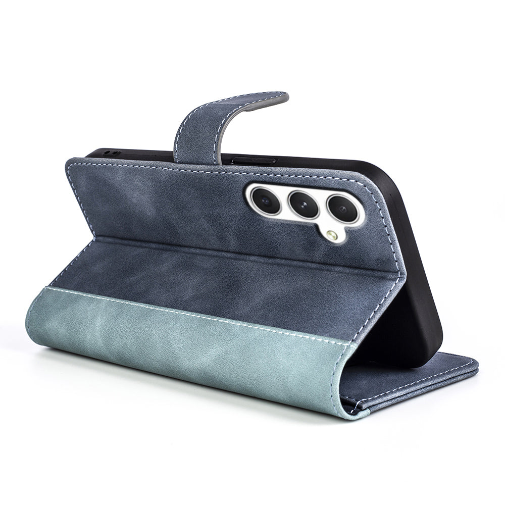 For Samsung Galaxy S24 Case Wallet Color Splicing PU Leather Folio Phone Cover - Blue