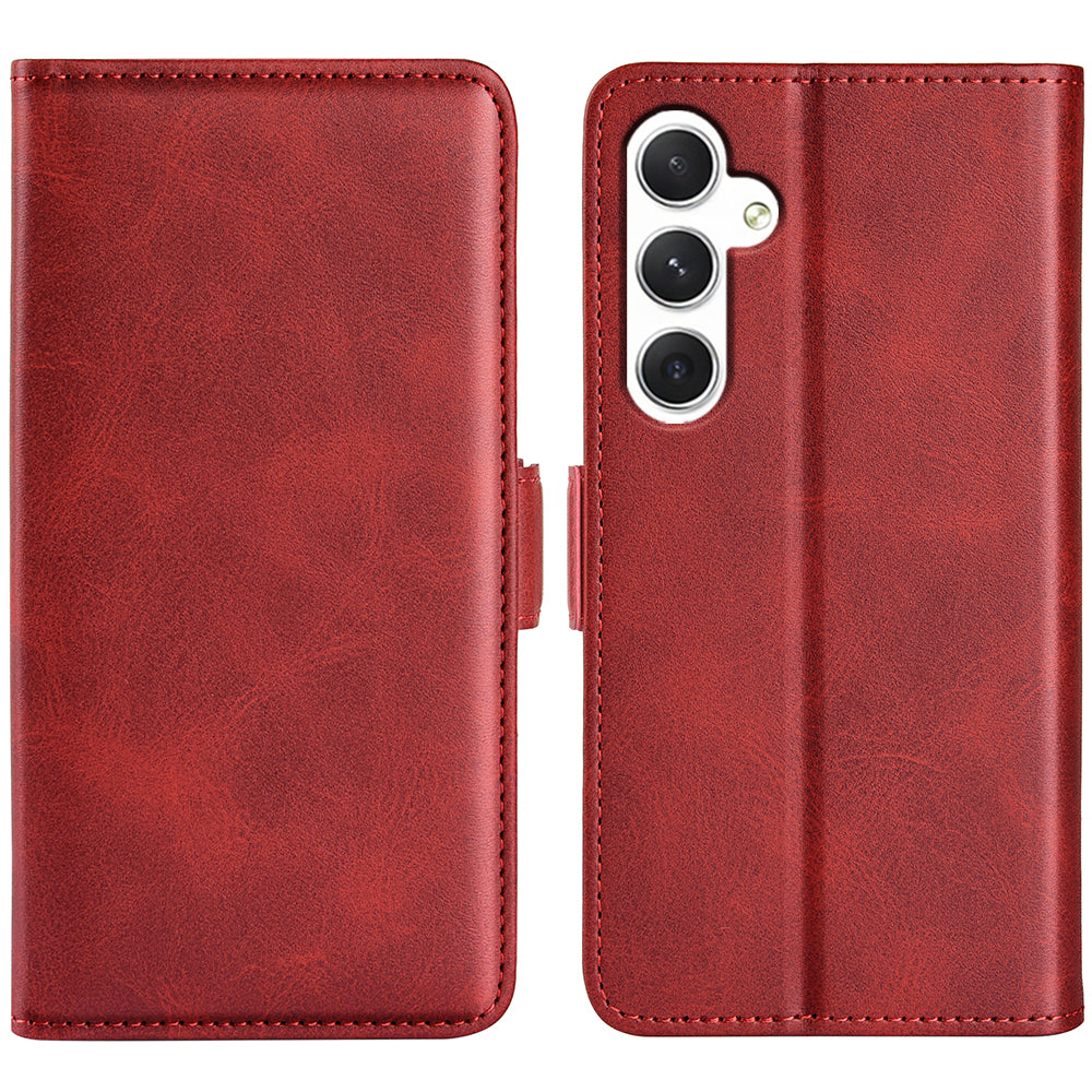 For Samsung Galaxy S24 Case PU Leather Dual Magnetic Clasp Protective Cover - Red