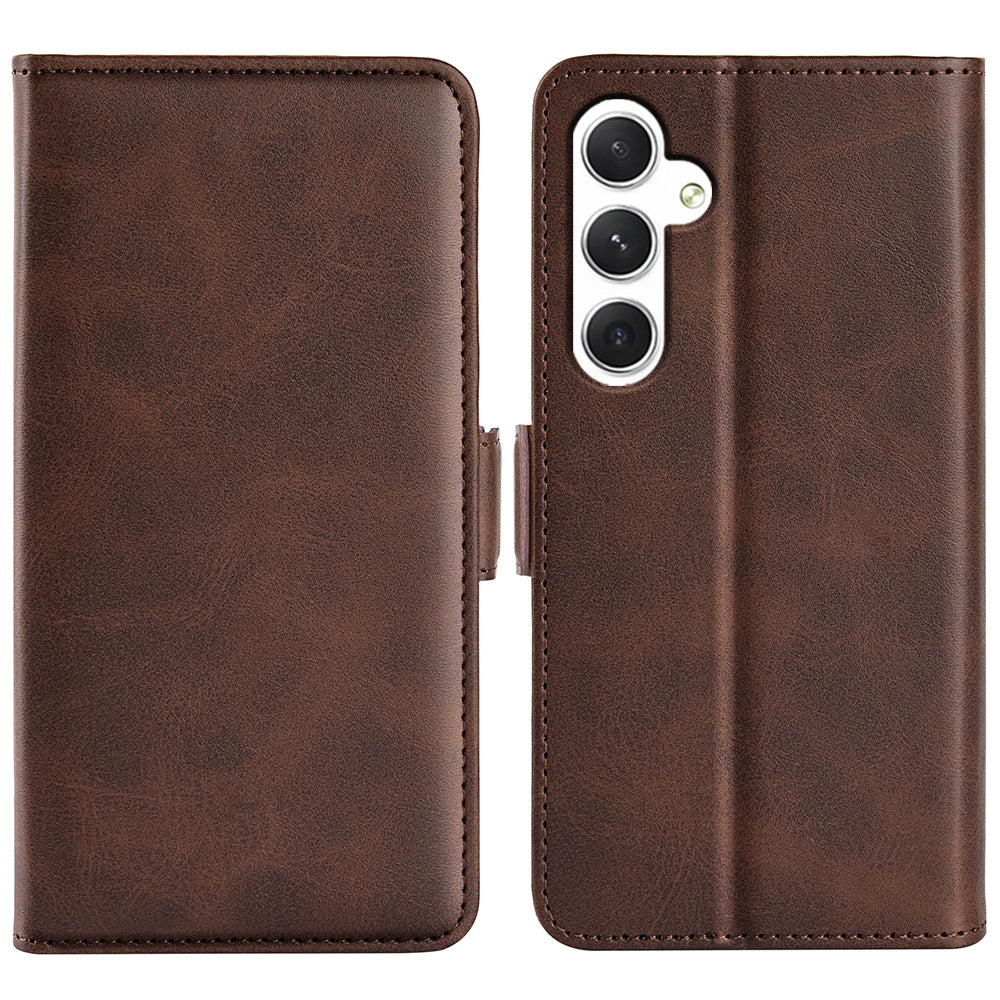 For Samsung Galaxy S24 Case PU Leather Dual Magnetic Clasp Protective Cover - Brown