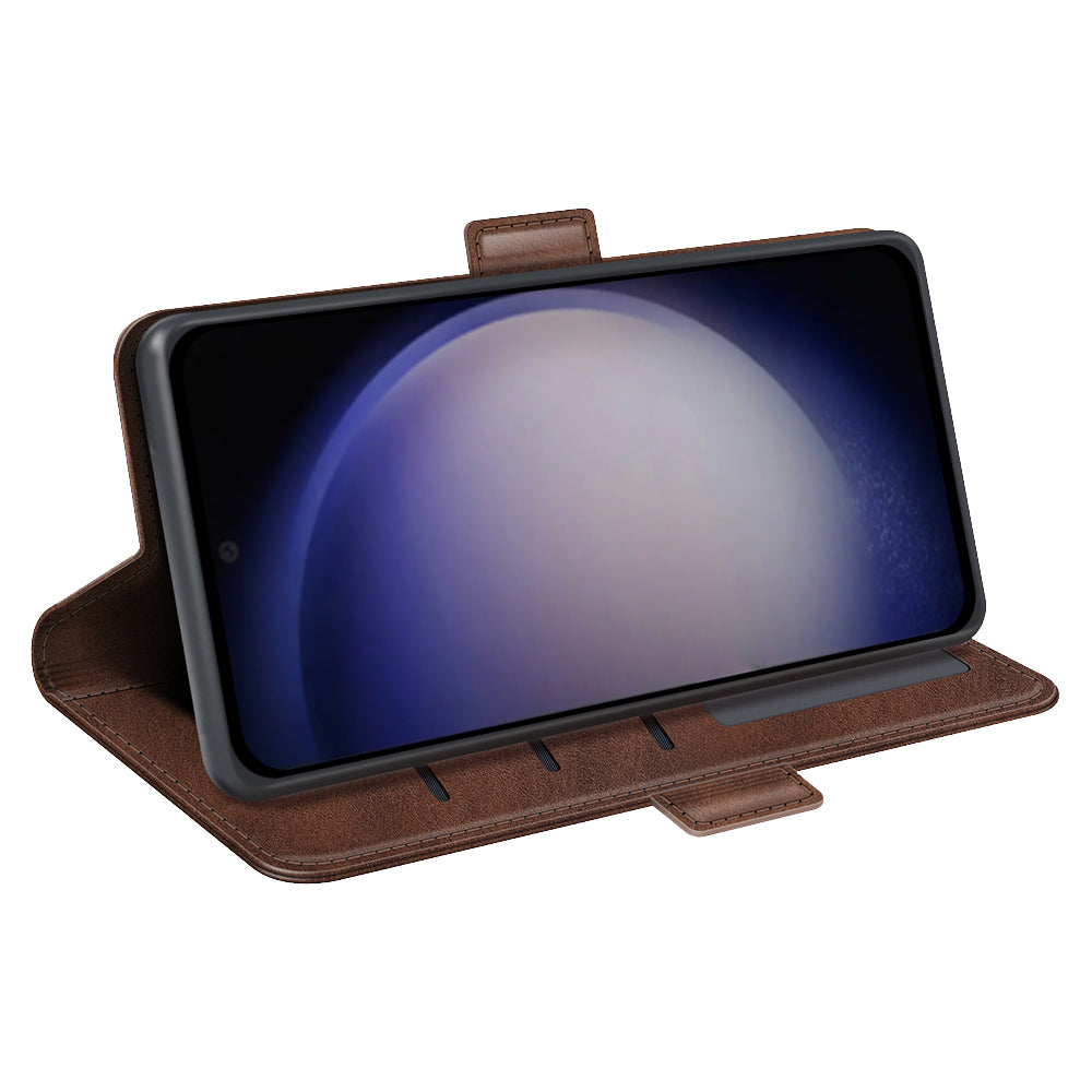 For Samsung Galaxy S24 Case PU Leather Dual Magnetic Clasp Protective Cover - Brown