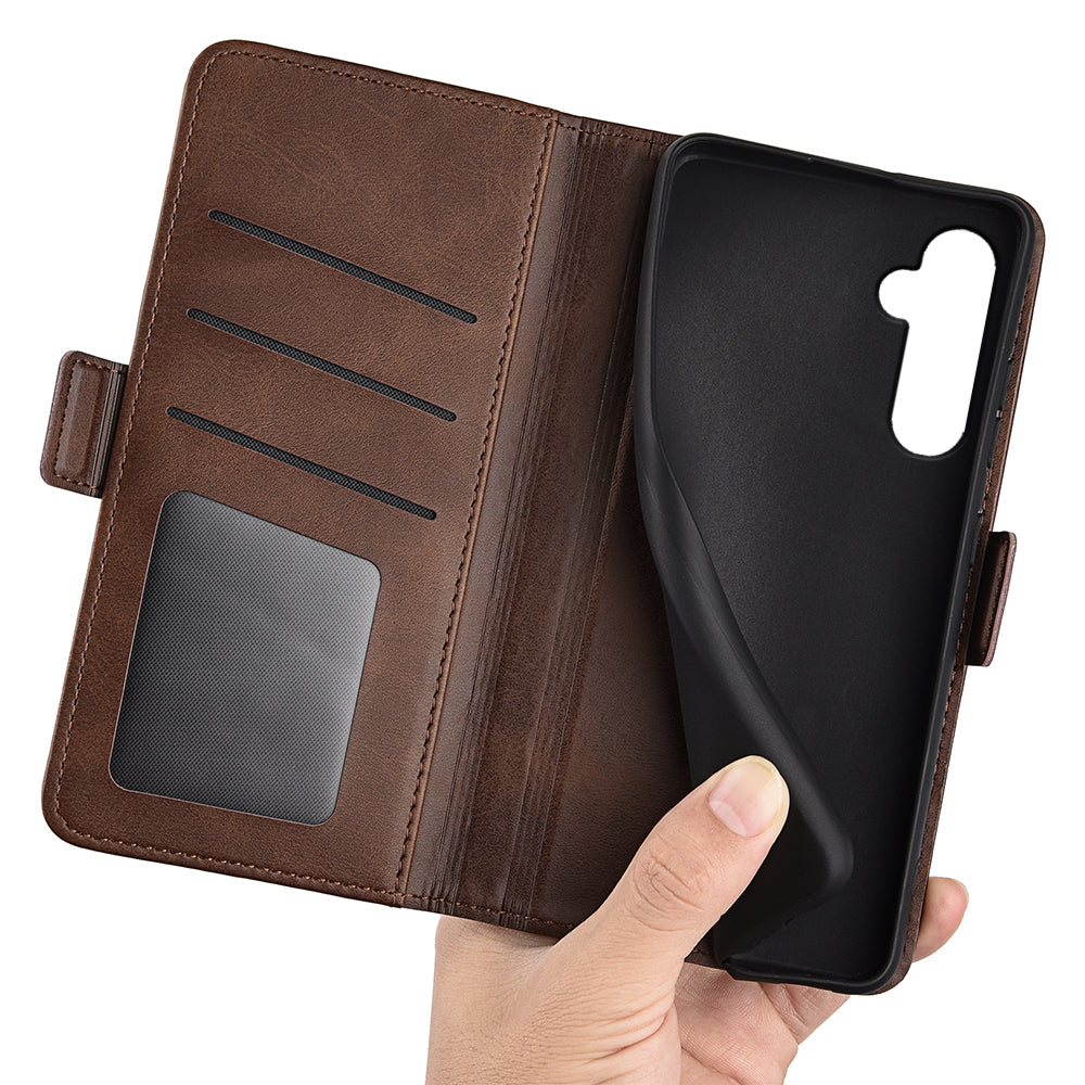 For Samsung Galaxy S24 Case PU Leather Dual Magnetic Clasp Protective Cover - Brown