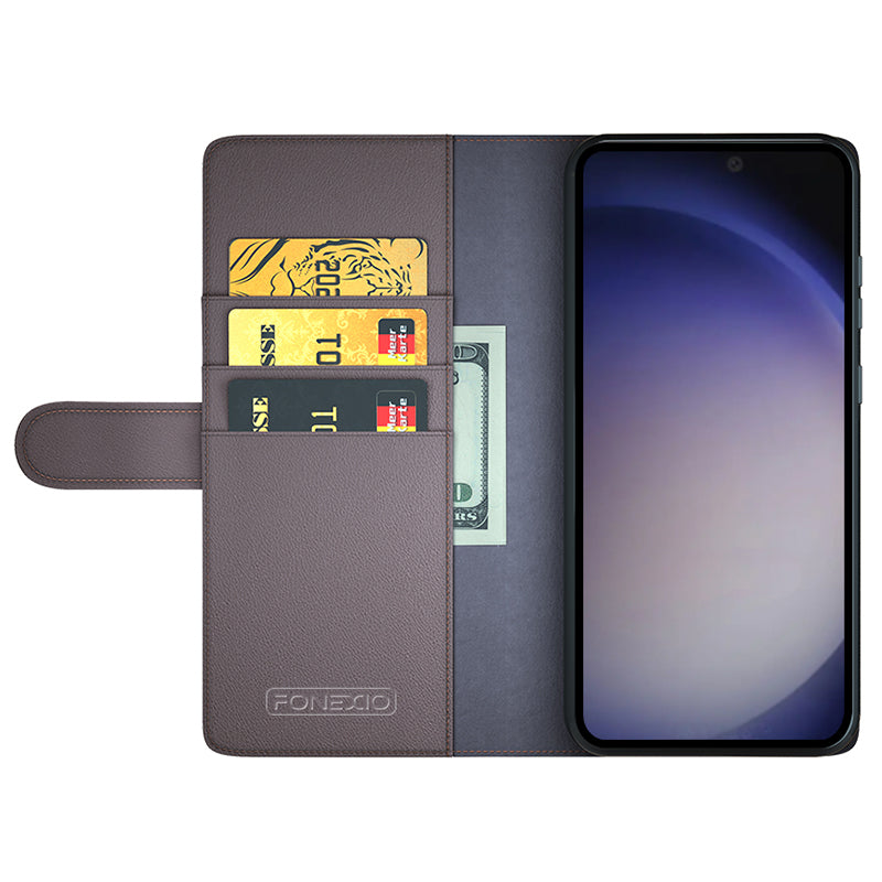 For Samsung Galaxy S24 Case Flip Wallet Genuine Split Leather Phone Cover - Brown