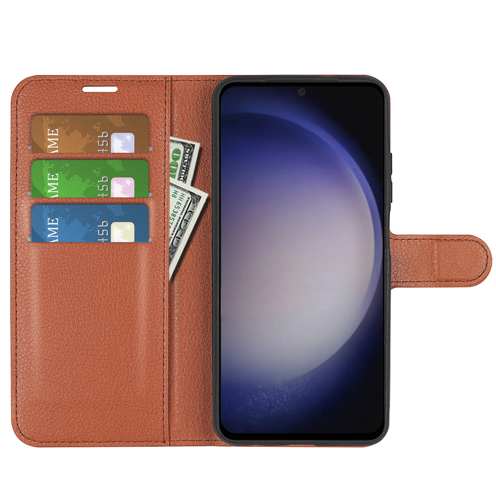 For Samsung Galaxy S24 Case Magnetic Closure Litchi Texture Leather Phone Cover - Brown