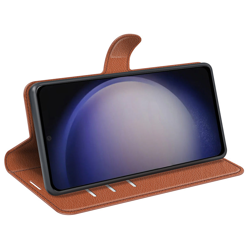 For Samsung Galaxy S24 Case Magnetic Closure Litchi Texture Leather Phone Cover - Brown
