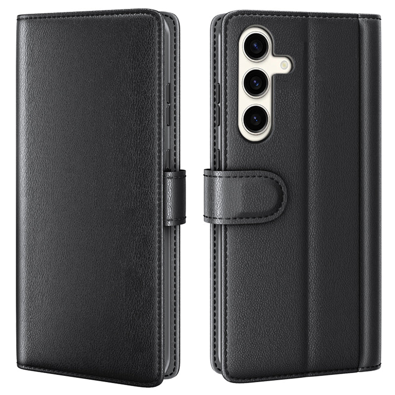 For Samsung Galaxy S24+ Case Genuine Split Leather Magnetic Closure Phone Cover - Black