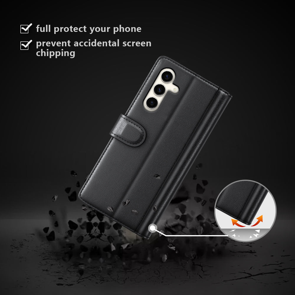 For Samsung Galaxy S24+ Case Genuine Split Leather Magnetic Closure Phone Cover - Black