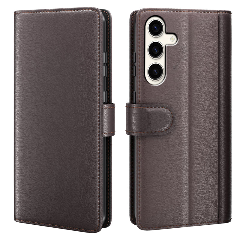 For Samsung Galaxy S24+ Case Genuine Split Leather Magnetic Closure Phone Cover - Brown