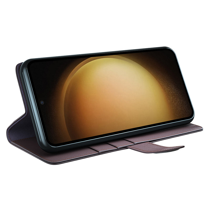 For Samsung Galaxy S24+ Case Genuine Split Leather Magnetic Closure Phone Cover - Brown