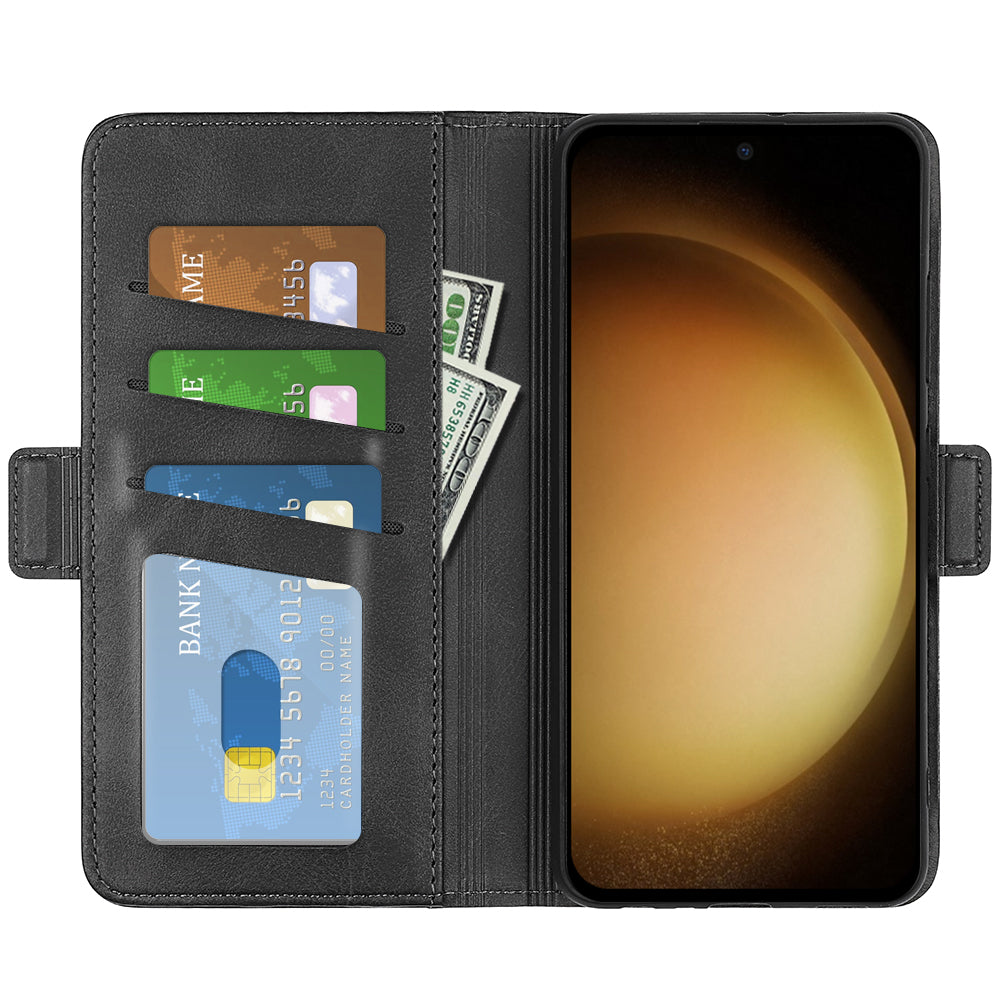 For Samsung Galaxy S24+ Case Dual Magnetic Clasp Folio PU Leather Phone Cover - Black