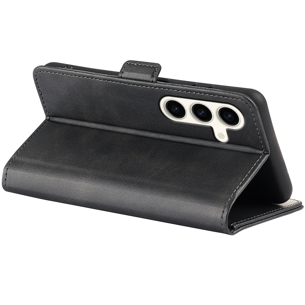 For Samsung Galaxy S24+ Case Dual Magnetic Clasp Folio PU Leather Phone Cover - Black