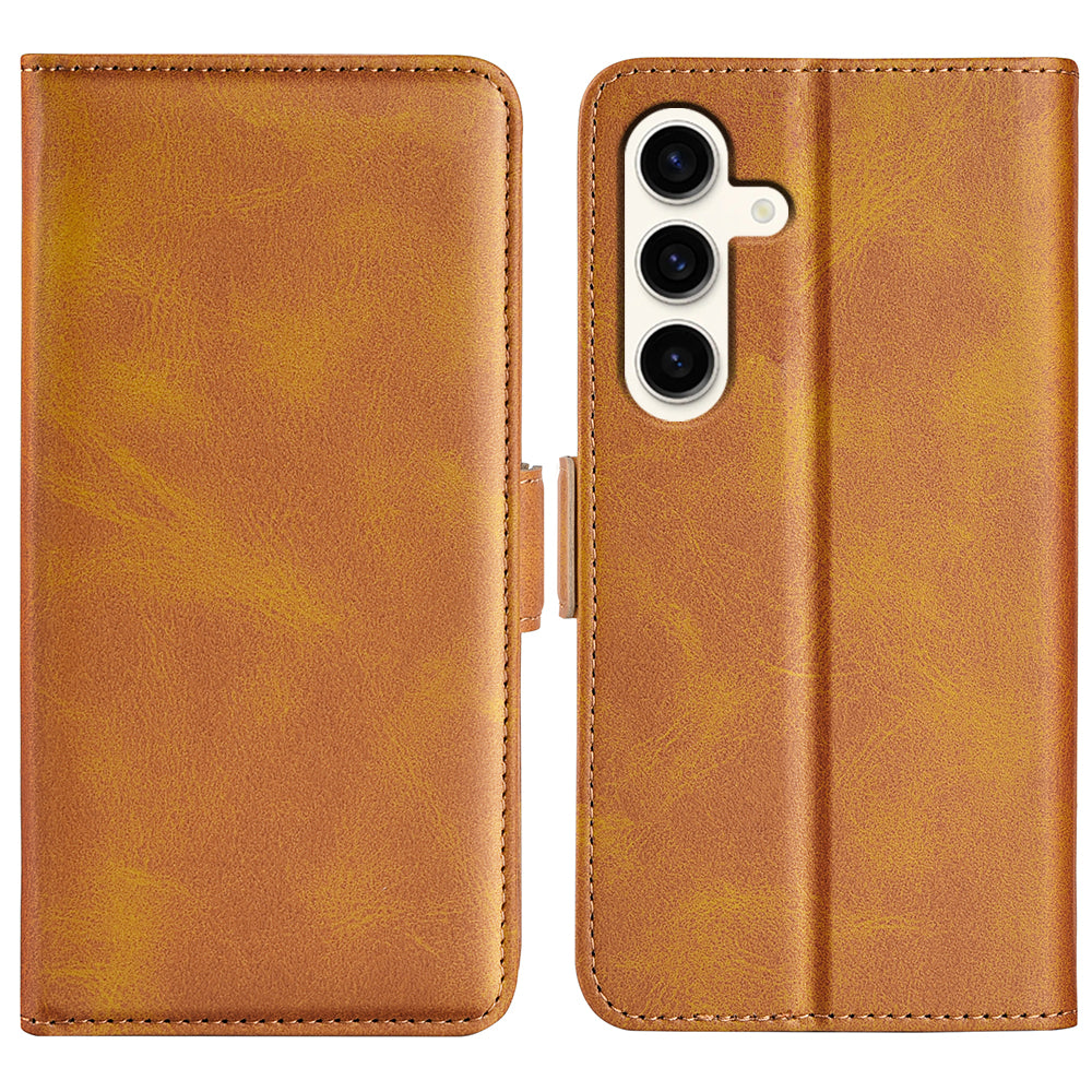 For Samsung Galaxy S24+ Case Dual Magnetic Clasp Folio PU Leather Phone Cover - Yellow