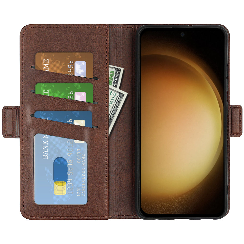 For Samsung Galaxy S24+ Case Dual Magnetic Clasp Folio PU Leather Phone Cover - Brown