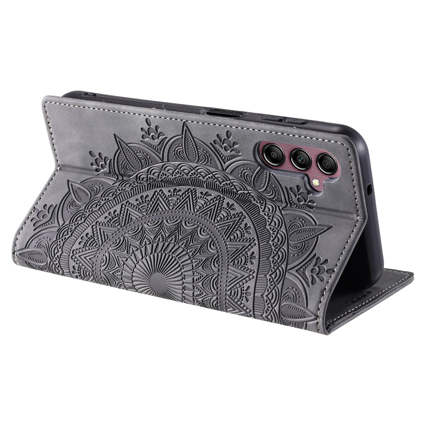 For Samsung Galaxy S24+ Case Imprinted Mandala Flower Phone Leather Cover - Grey