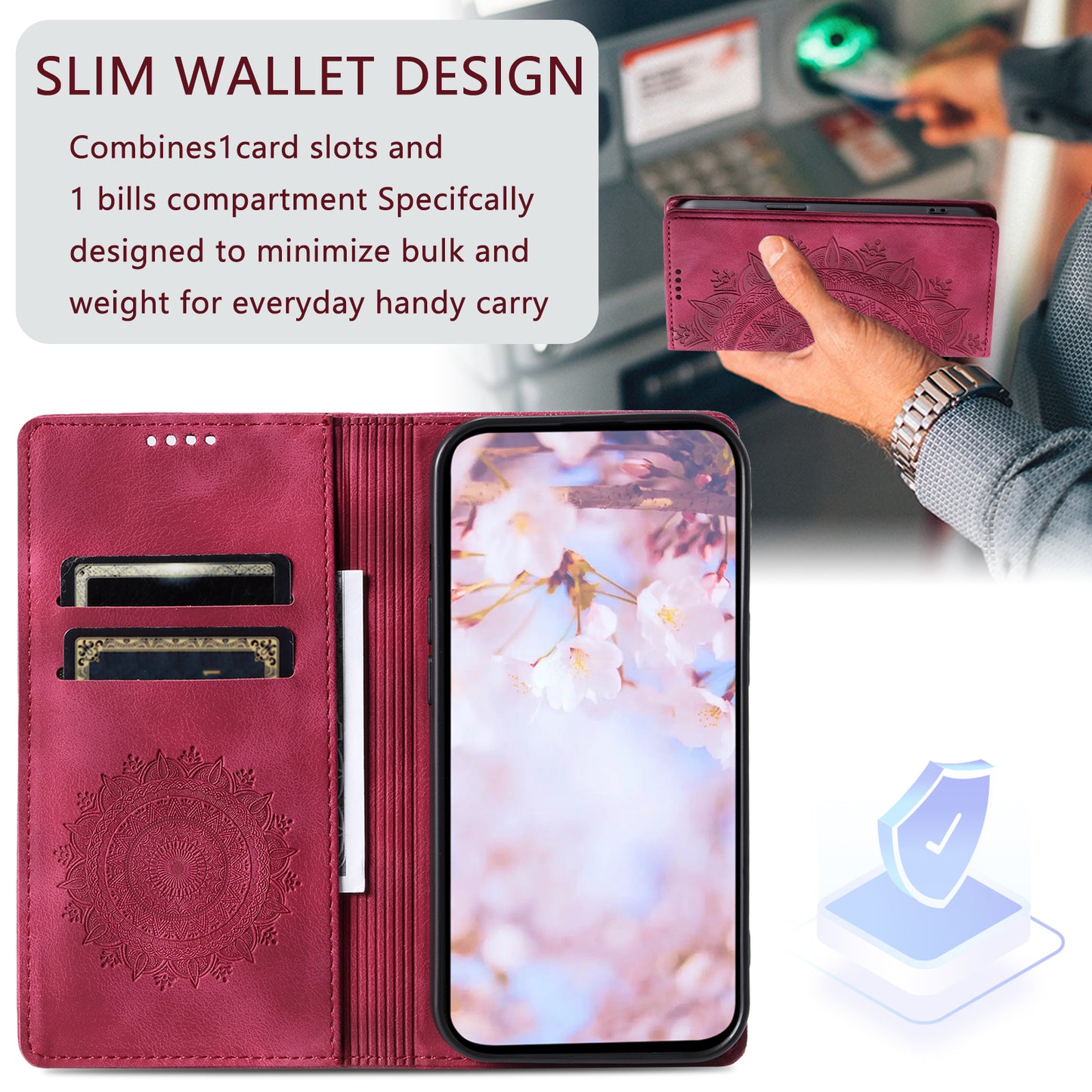 For Samsung Galaxy S24+ Case Imprinted Mandala Flower Phone Leather Cover - Rose