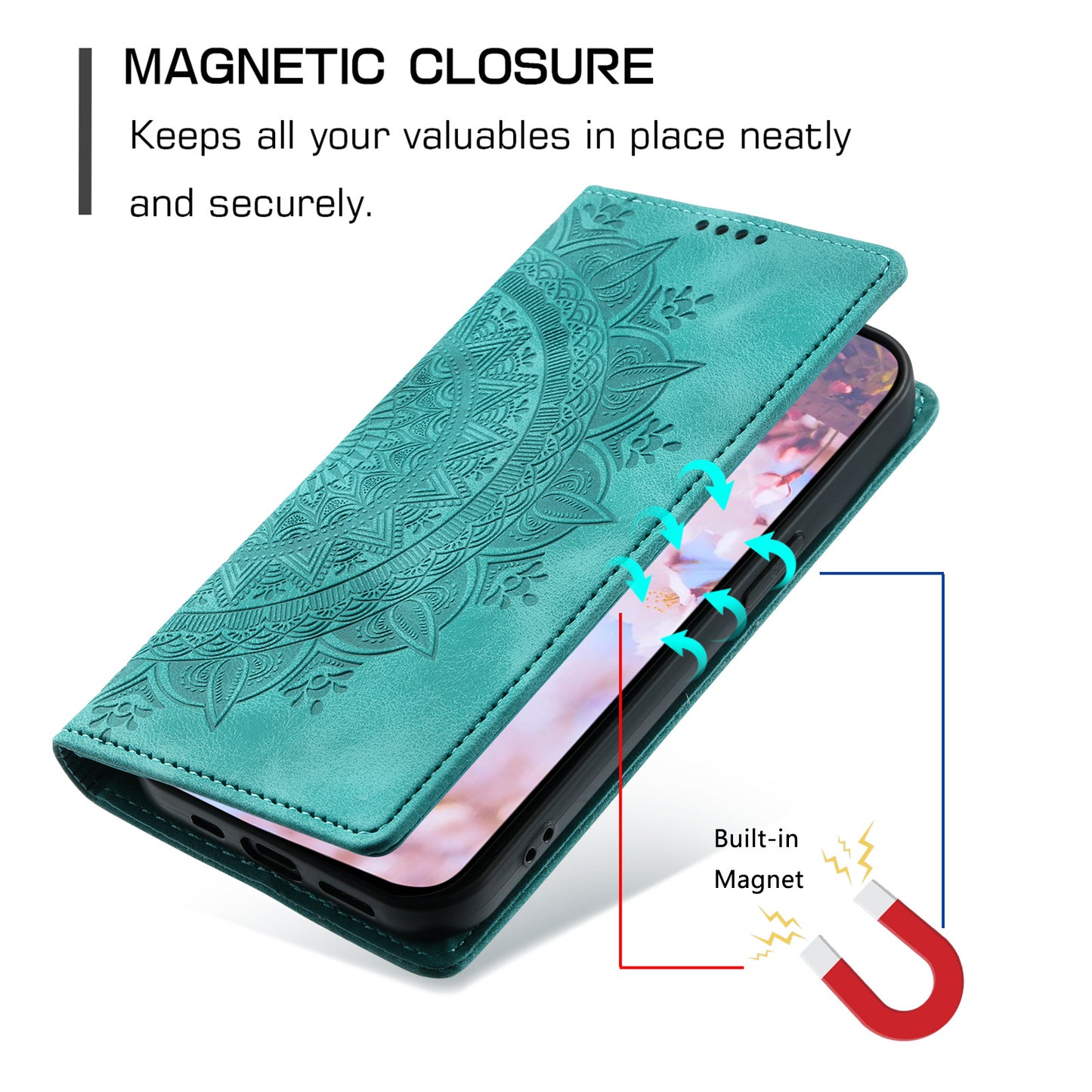 For Samsung Galaxy S24+ Case Imprinted Mandala Flower Phone Leather Cover - Mint Green