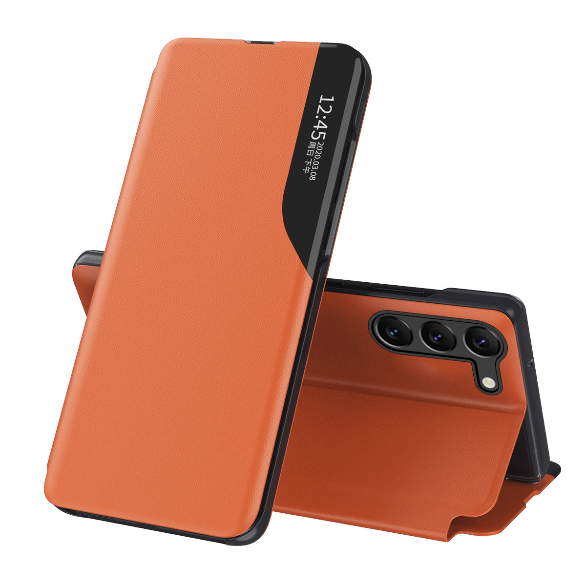 For Samsung Galaxy S24+ Case View Window Stand Anti-scratch PU Leather Phone Cover - Orange
