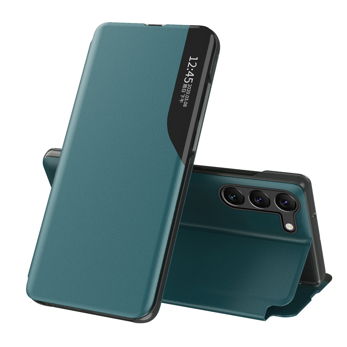 For Samsung Galaxy S24+ Case View Window Stand Anti-scratch PU Leather Phone Cover - Green