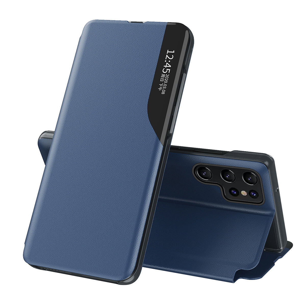 For Samsung Galaxy S24 Ultra Case Anti-scratch PU Leather Side View Window Stand Phone Protector - Sapphire