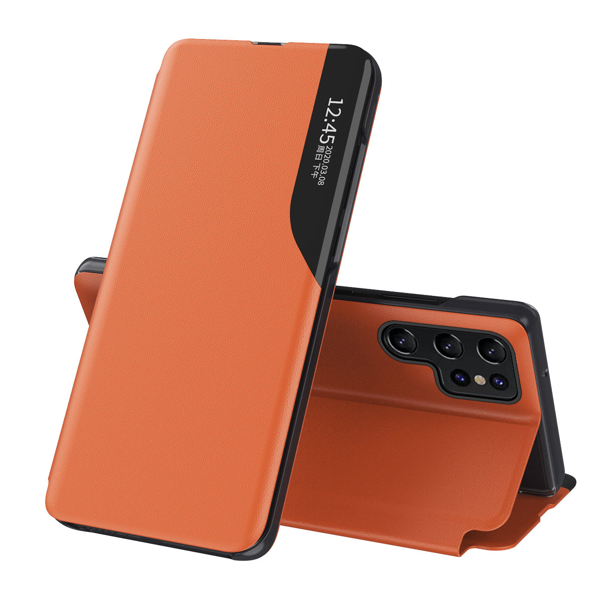For Samsung Galaxy S24 Ultra Case Anti-scratch PU Leather Side View Window Stand Phone Protector - Orange