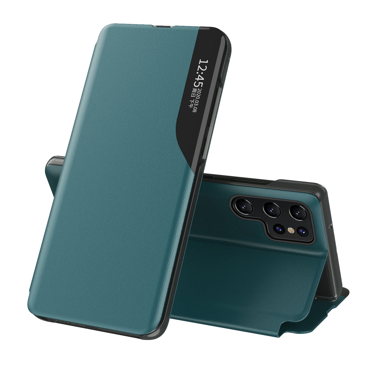 For Samsung Galaxy S24 Ultra Case Anti-scratch PU Leather Side View Window Stand Phone Protector - Green