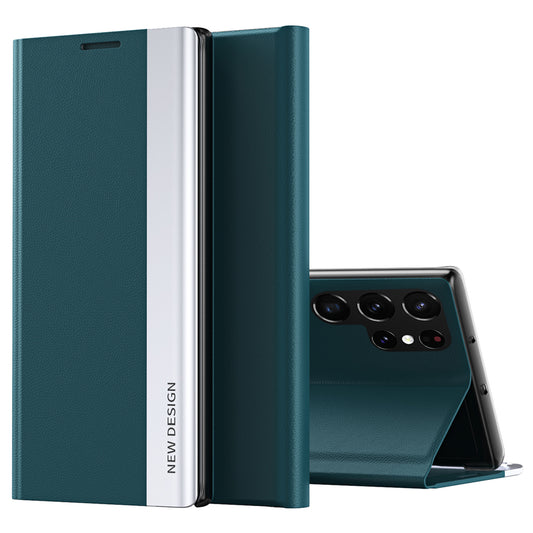 For Samsung Galaxy S24 Ultra Case Anti-scratch Leather Electroplating Stand Phone Cover - Green