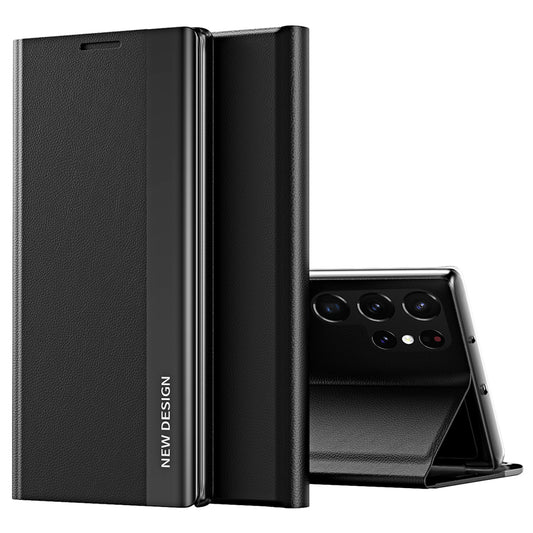 For Samsung Galaxy S24 Ultra Case Anti-scratch Leather Electroplating Stand Phone Cover - Black