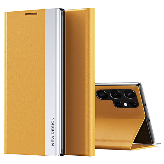 For Samsung Galaxy S24 Ultra Case Anti-scratch Leather Electroplating Stand Phone Cover - Yellow