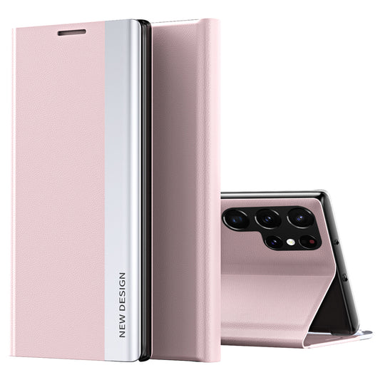 For Samsung Galaxy S24 Ultra Case Anti-scratch Leather Electroplating Stand Phone Cover - Pink