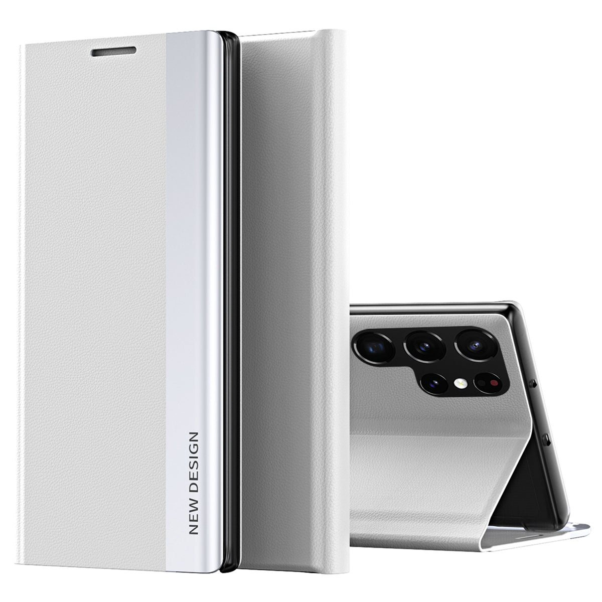 For Samsung Galaxy S24 Ultra Case Anti-scratch Leather Electroplating Stand Phone Cover - White