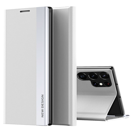 For Samsung Galaxy S24 Ultra Case Anti-scratch Leather Electroplating Stand Phone Cover - White