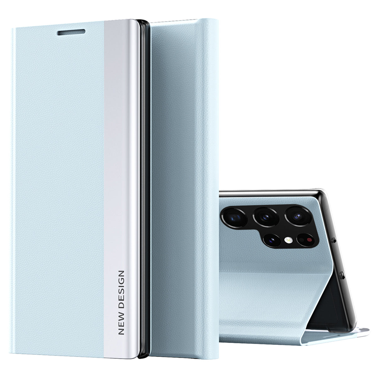 For Samsung Galaxy S24 Ultra Case Anti-scratch Leather Electroplating Stand Phone Cover - Baby Blue