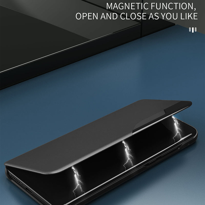 For Samsung Galaxy S24 Case Anti-scratch PU Leather Side View Window Phone Cover with Stand - Sapphire