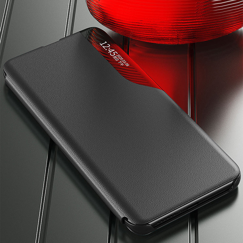 For Samsung Galaxy S24 Case Anti-scratch PU Leather Side View Window Phone Cover with Stand - Sapphire