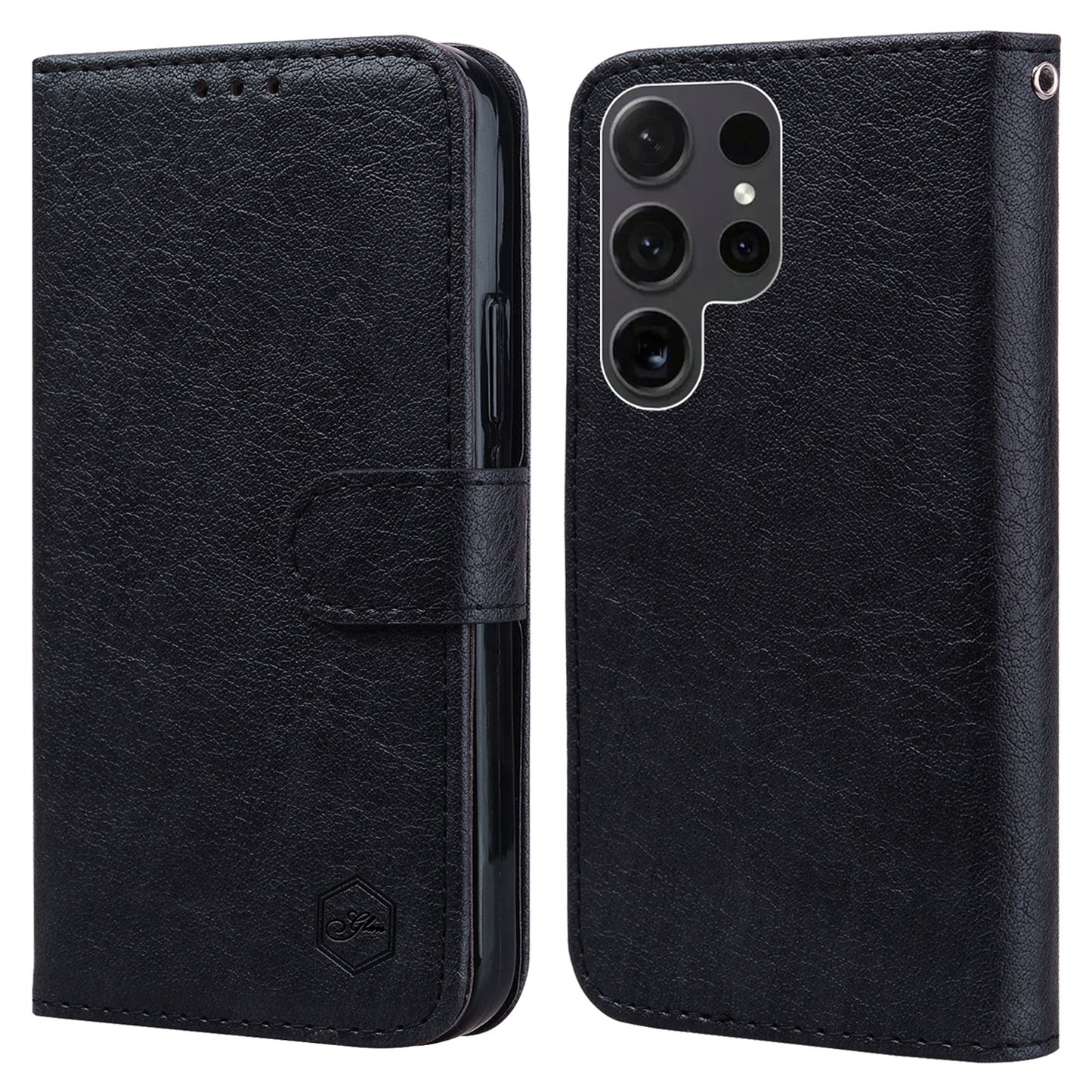 For Samsung Galaxy S24 Ultra Case Solid Color Leather Phone Stand Cover - Black