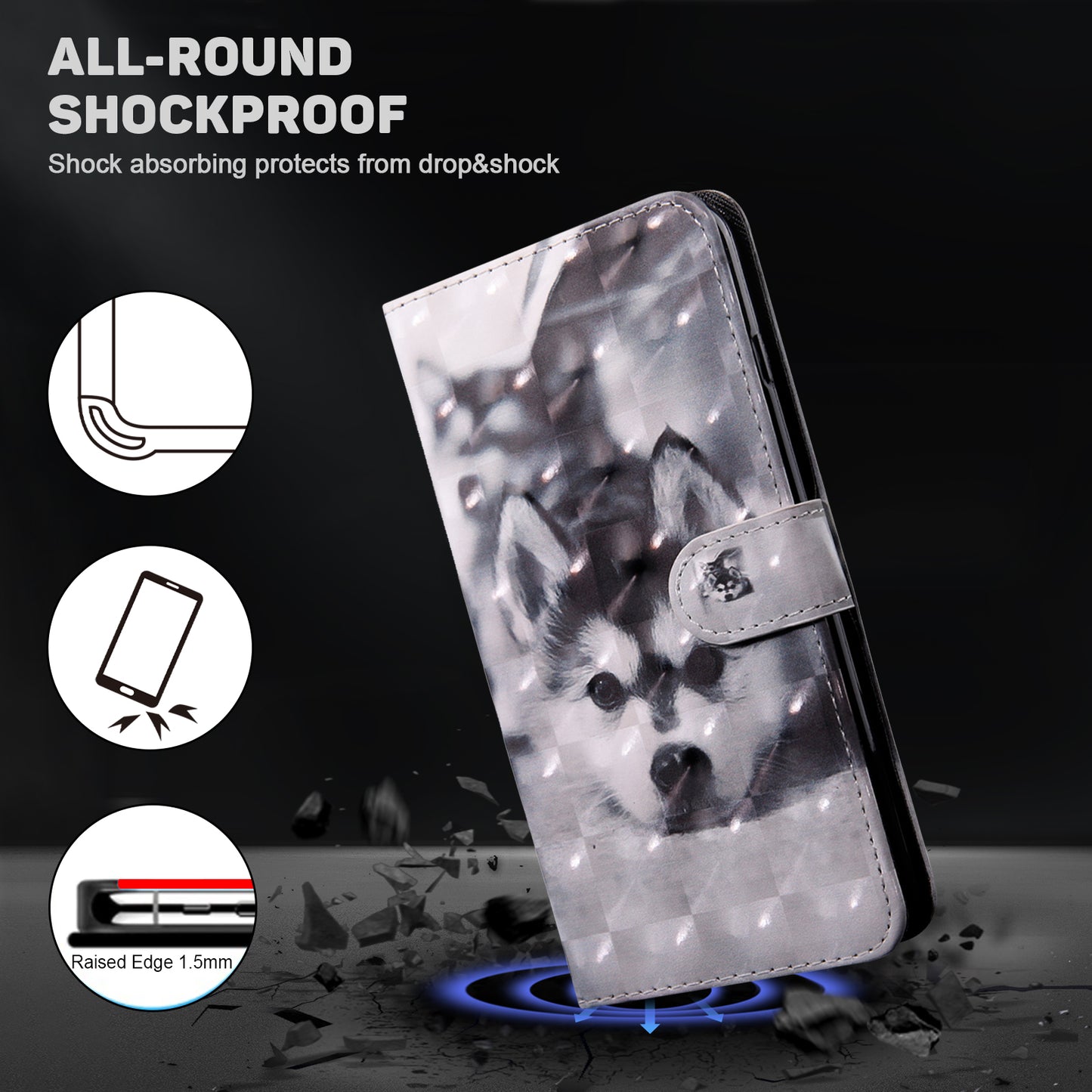 For Samsung Galaxy S24+ Case 3D Pattern Printing Phone Cover with Wallet Stand - Husky