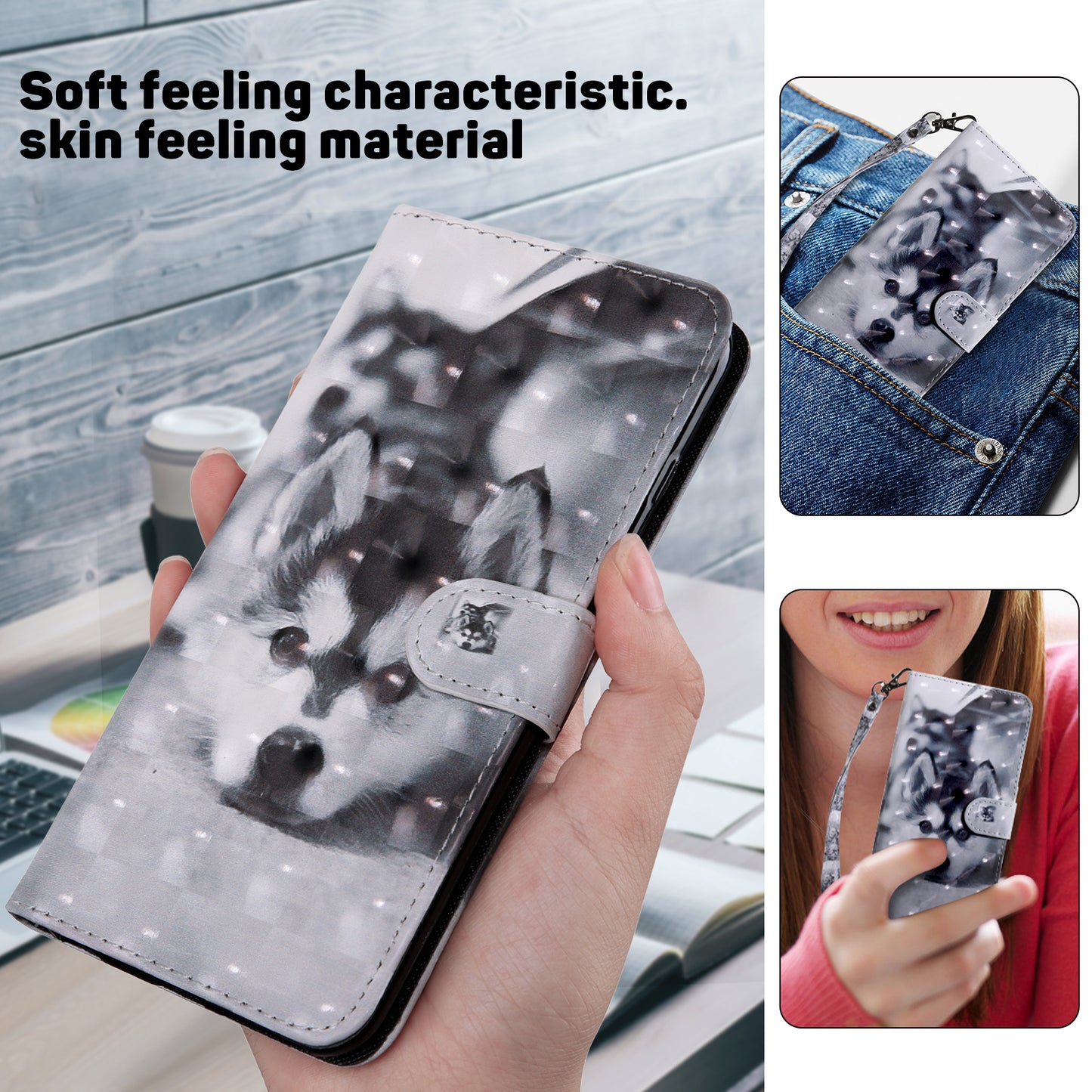 For Samsung Galaxy S24+ Case 3D Pattern Printing Phone Cover with Wallet Stand - Husky
