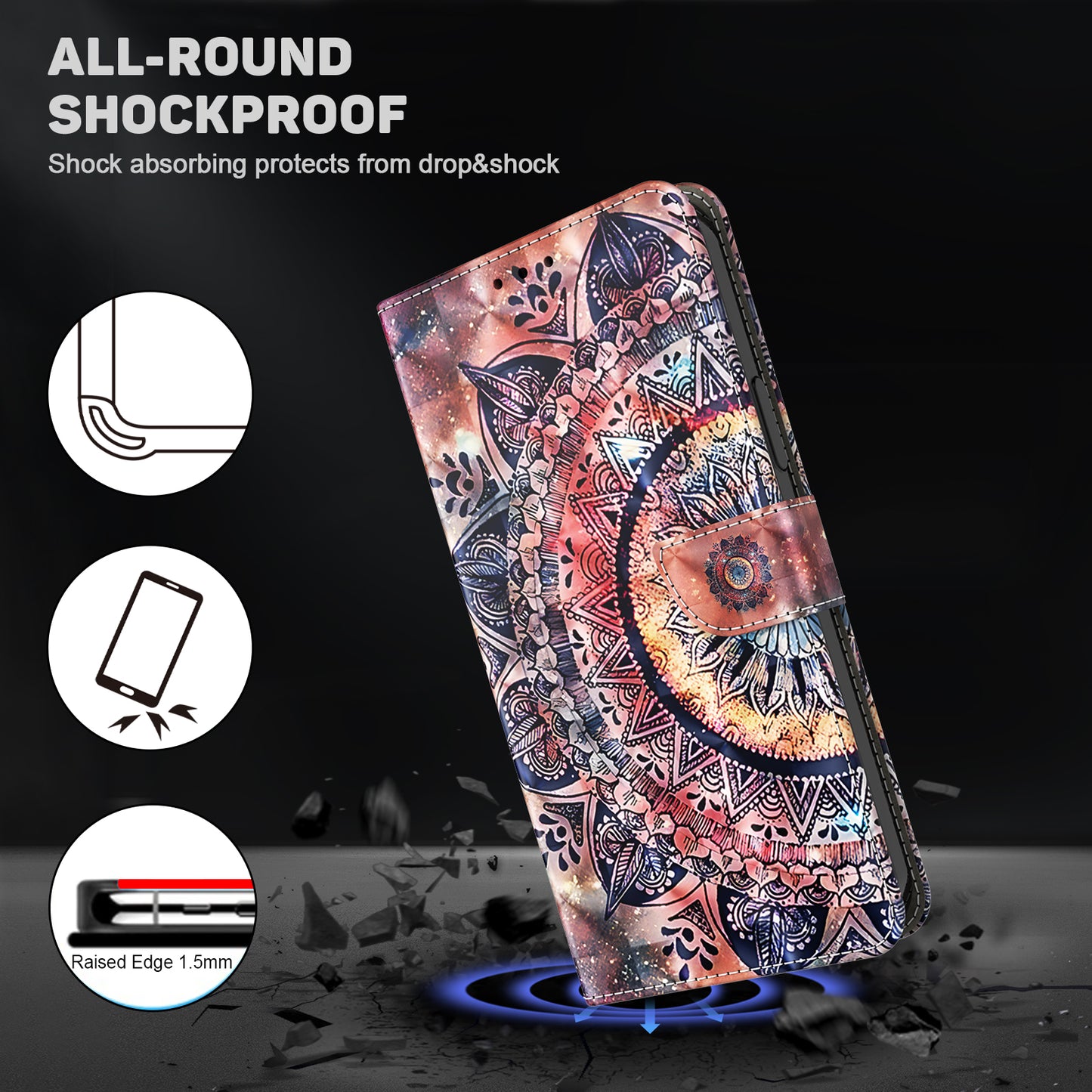 For Samsung Galaxy S24 Leather Case 3D Pattern Printing Phone Stand Cover - Color Mandala