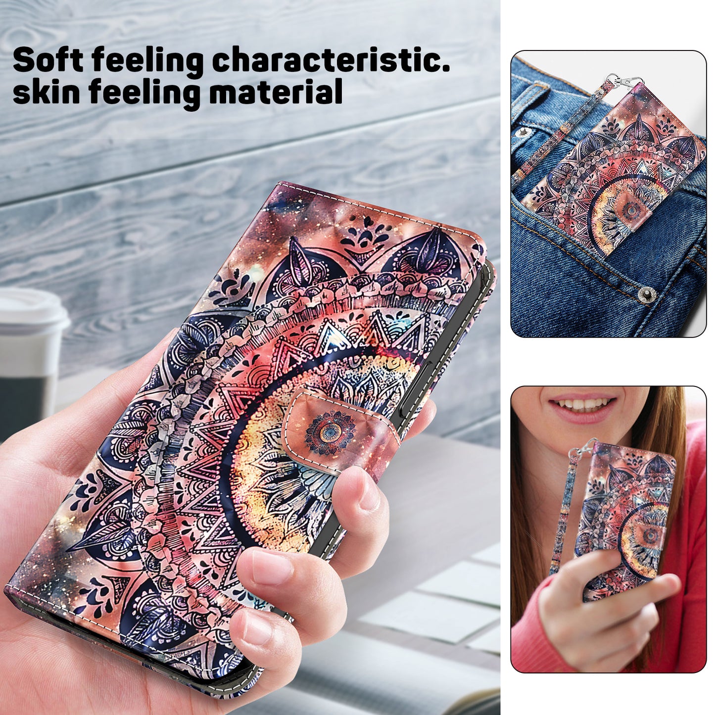 For Samsung Galaxy S24 Leather Case 3D Pattern Printing Phone Stand Cover - Color Mandala