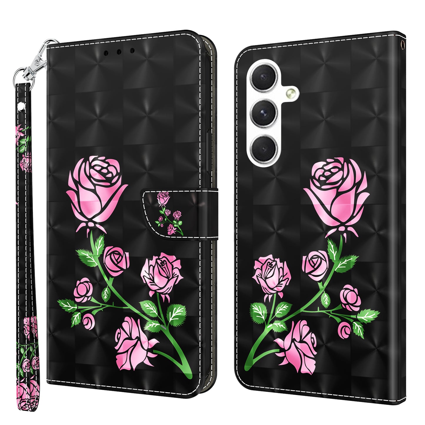 For Samsung Galaxy S24 Leather Case 3D Pattern Printing Phone Stand Cover - Rose Flower