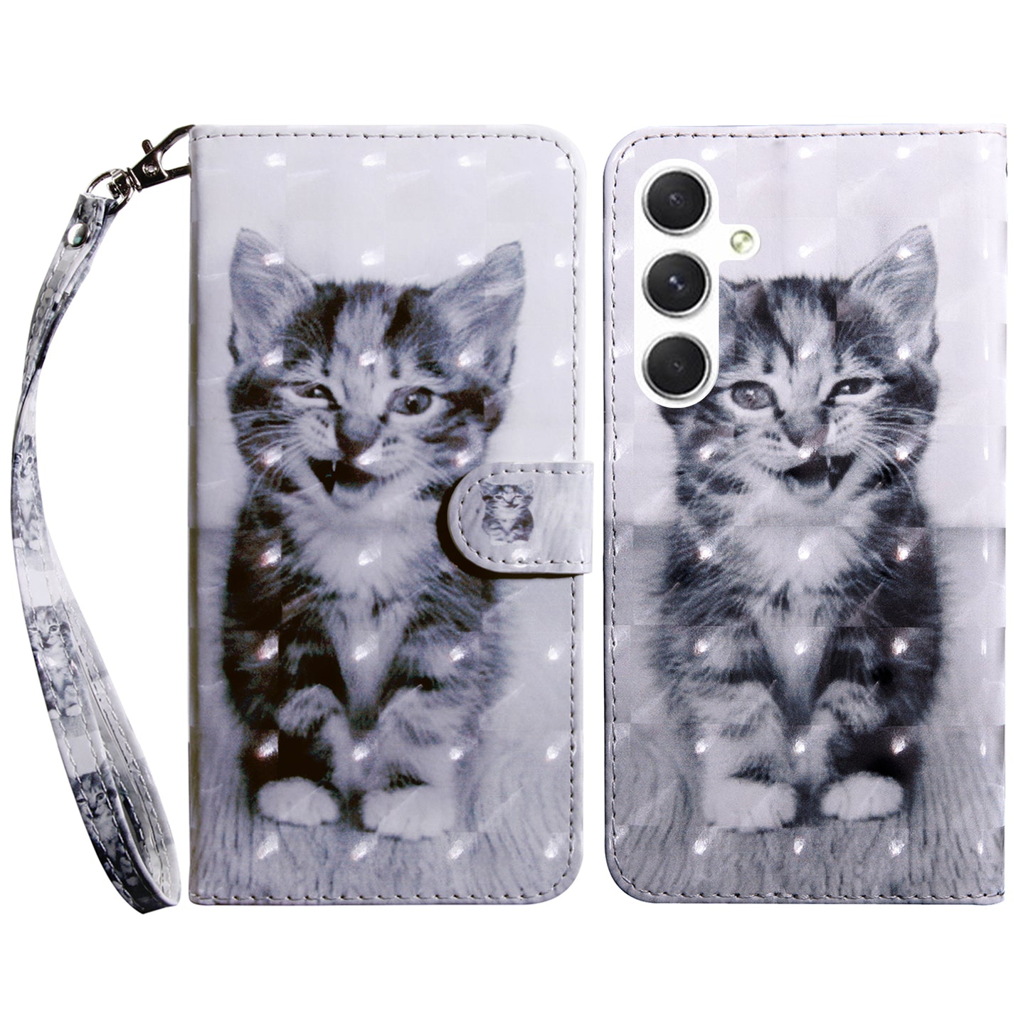 For Samsung Galaxy S24 Leather Case 3D Pattern Printing Phone Stand Cover - Cat