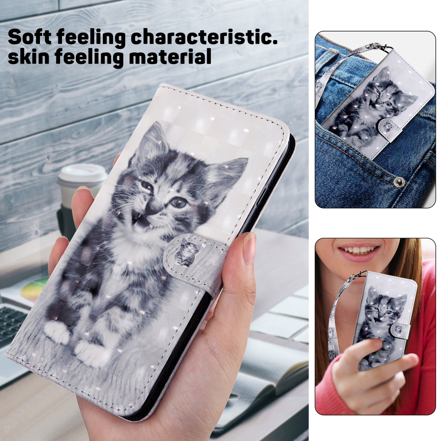 For Samsung Galaxy S24 Leather Case 3D Pattern Printing Phone Stand Cover - Cat