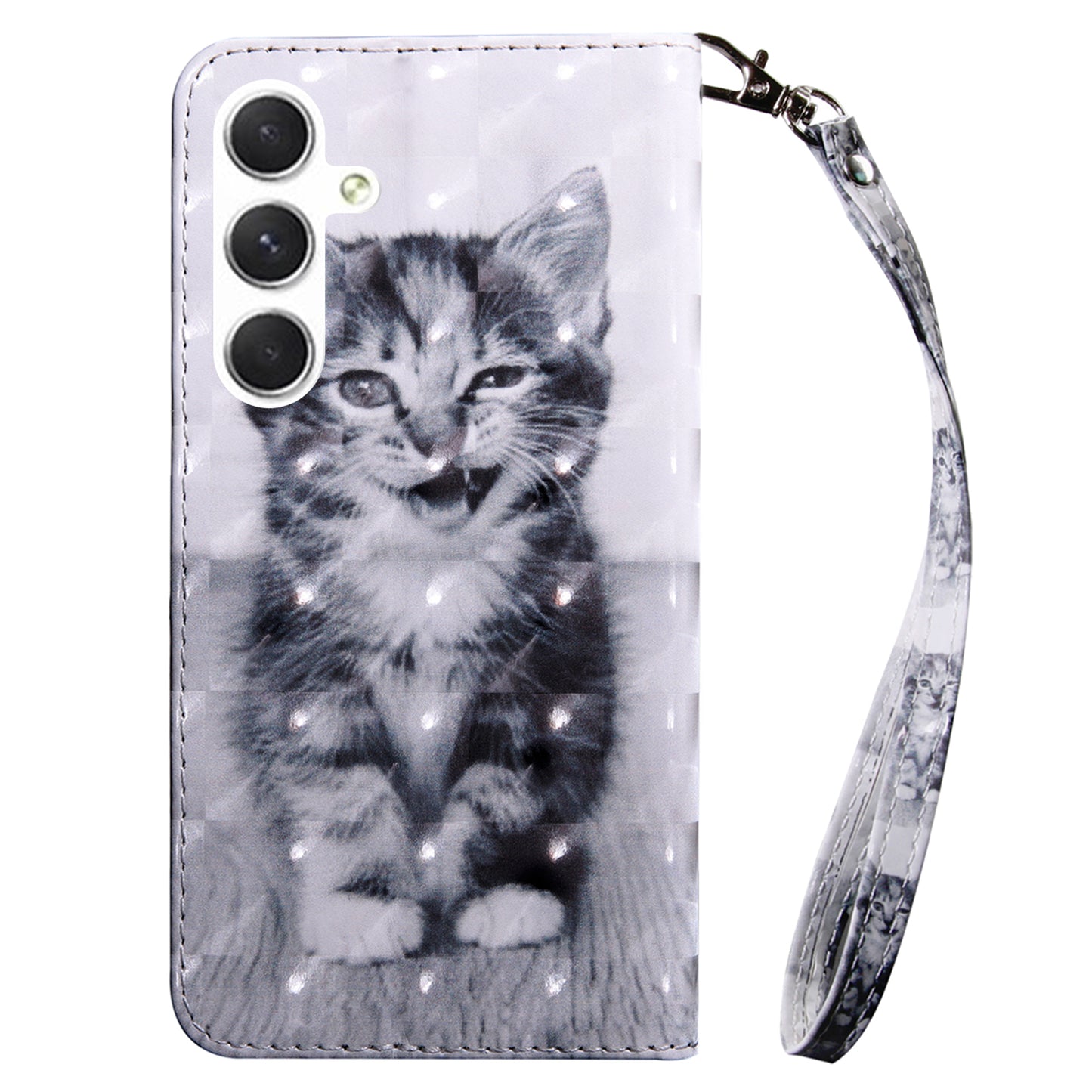 For Samsung Galaxy S24 Leather Case 3D Pattern Printing Phone Stand Cover - Cat