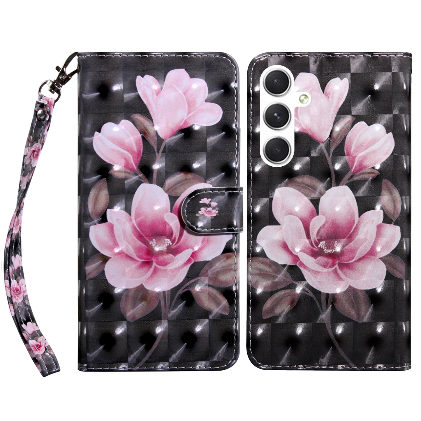 For Samsung Galaxy S24 Leather Case 3D Pattern Printing Phone Stand Cover - Pink Flower