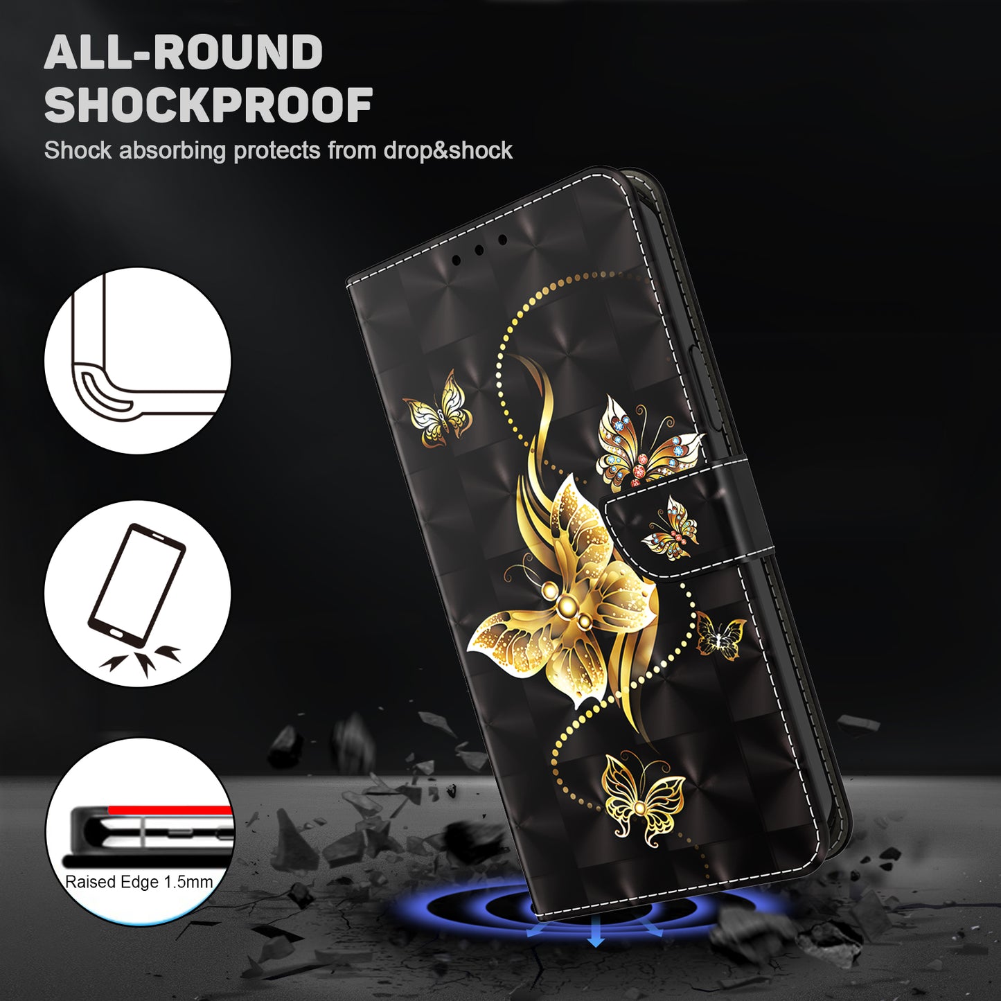 For Samsung Galaxy S24 Ultra Case 3D Pattern Printing Leather Wallet Cover - Golden Butterfly