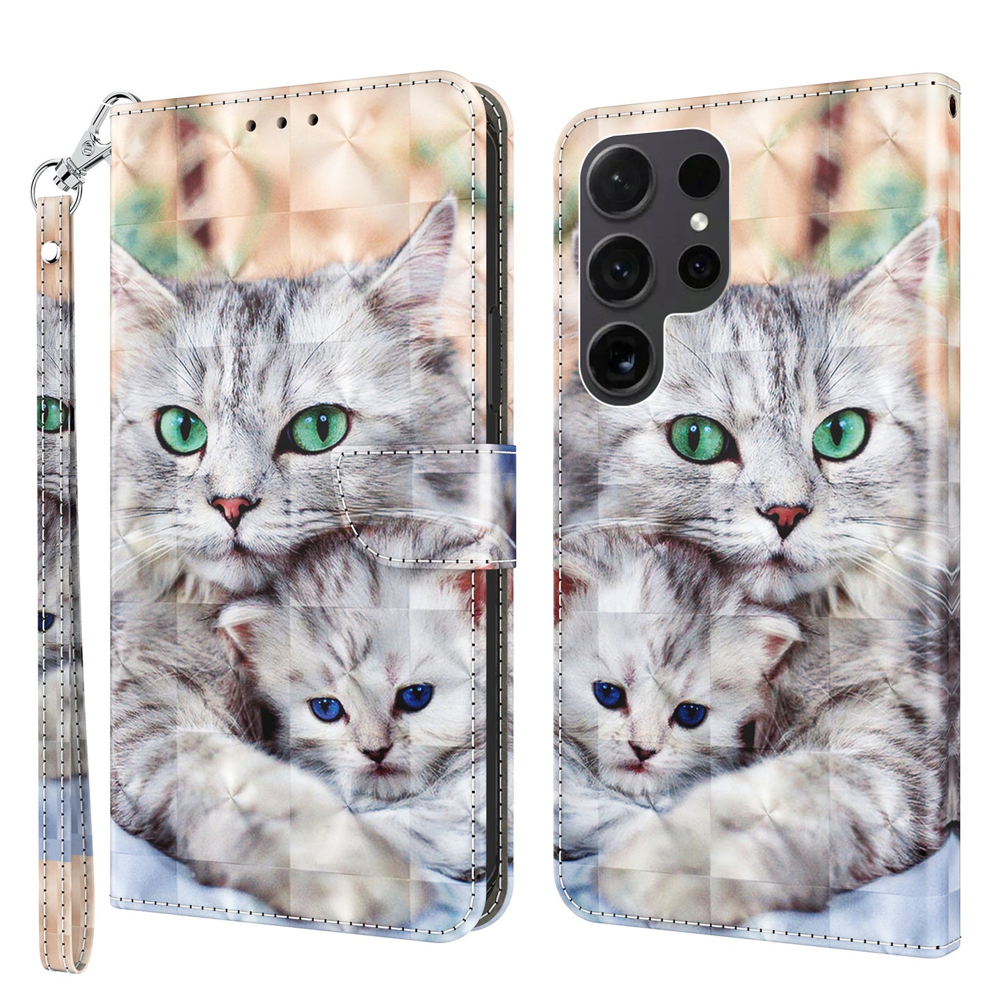 For Samsung Galaxy S24 Ultra Case 3D Pattern Printing Leather Wallet Cover - Two Cats