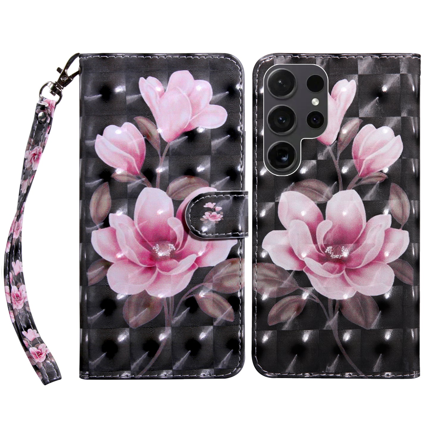 For Samsung Galaxy S24 Ultra Case 3D Pattern Printing Leather Wallet Cover - Pink Flower