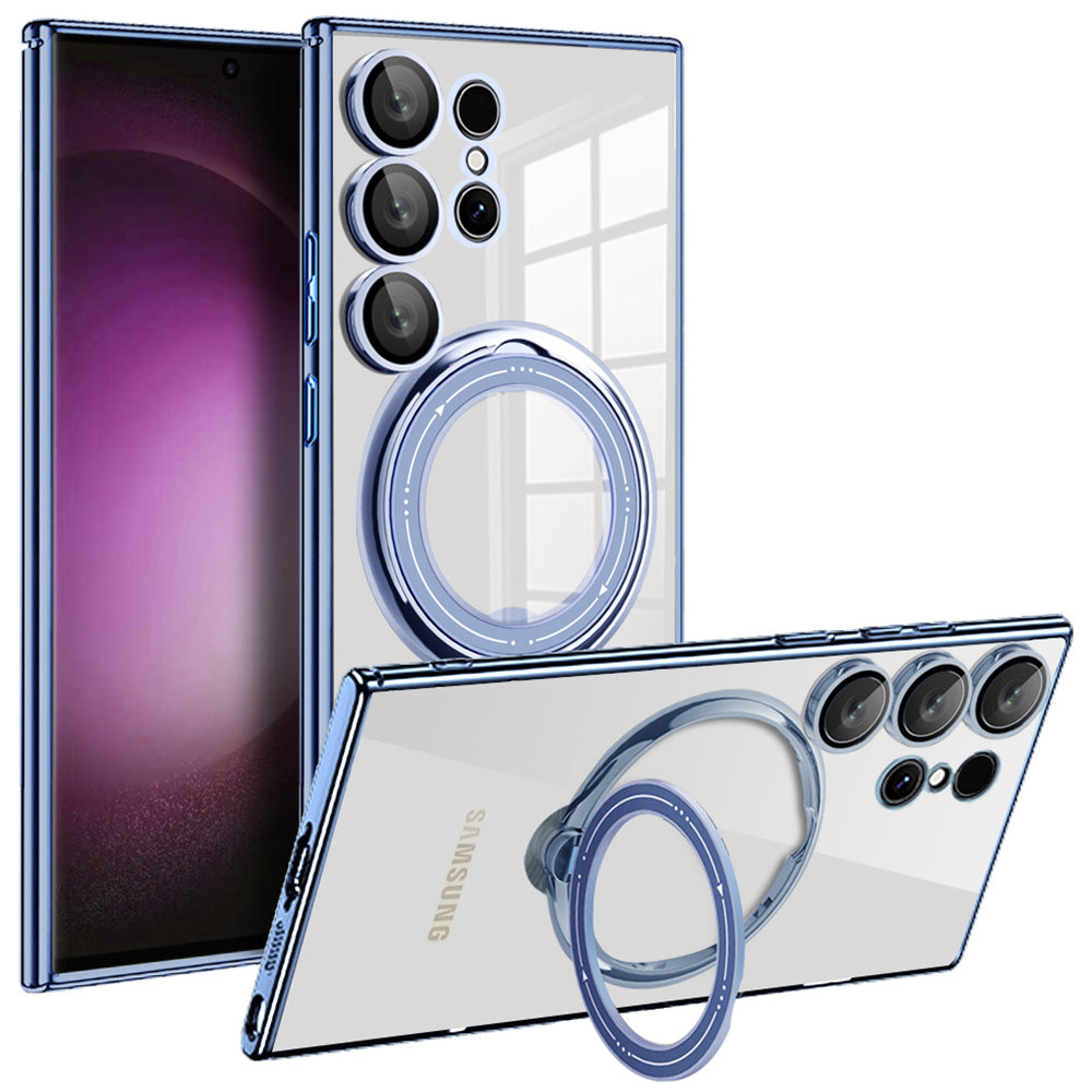 For Samsung Galaxy S24 Ultra Case Rotate Magnetic Ring Kickstand PC+TPU Phone Cover - Blue