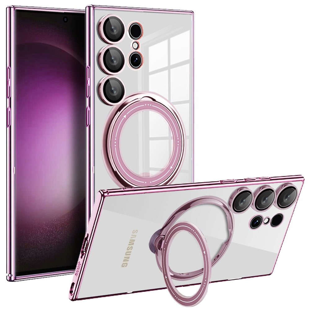 For Samsung Galaxy S24 Ultra Case Rotate Magnetic Ring Kickstand PC+TPU Phone Cover - Pink