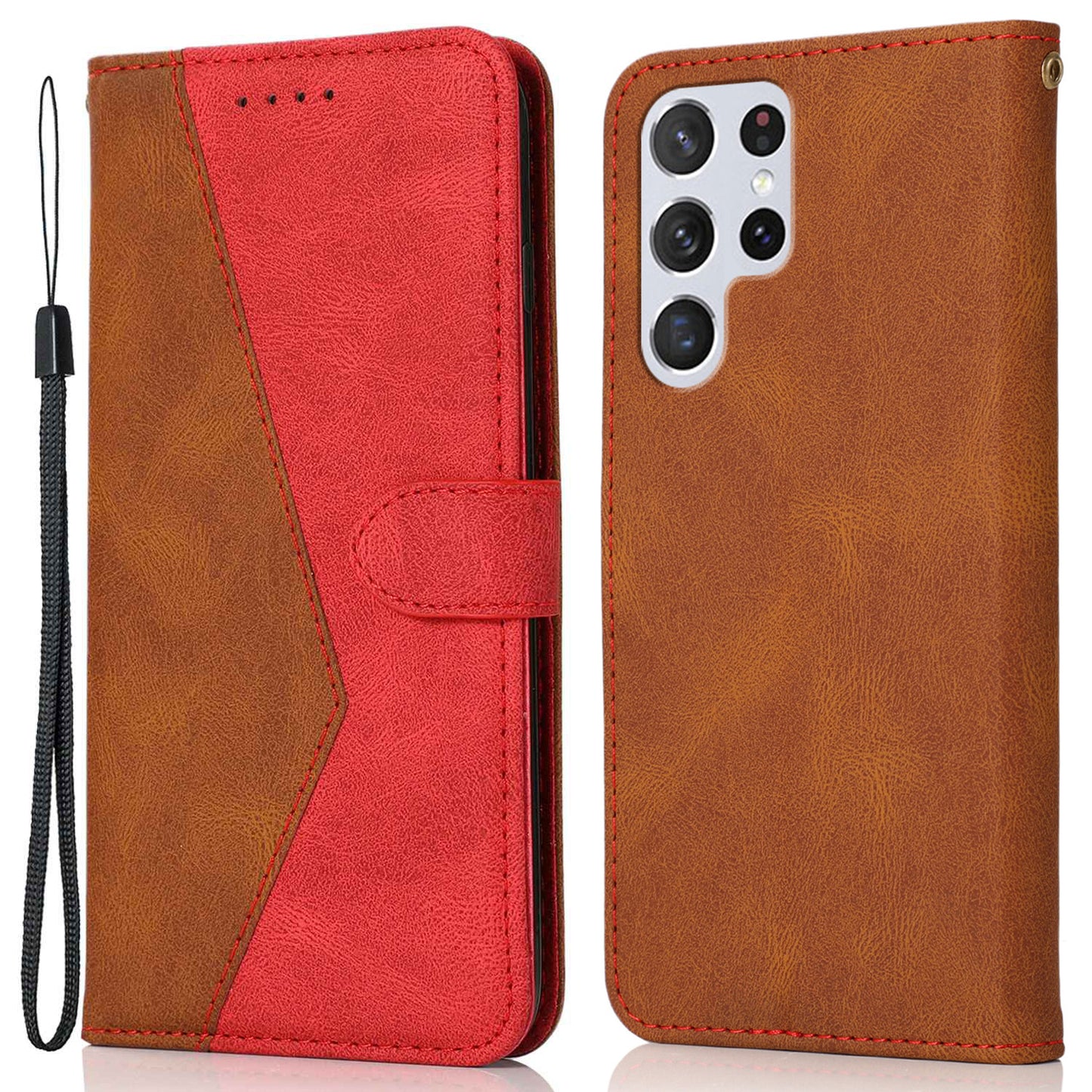 For Samsung Galaxy S24 Ultra Case PU Leather Color Splicing Stand Phone Cover - Brown+Red